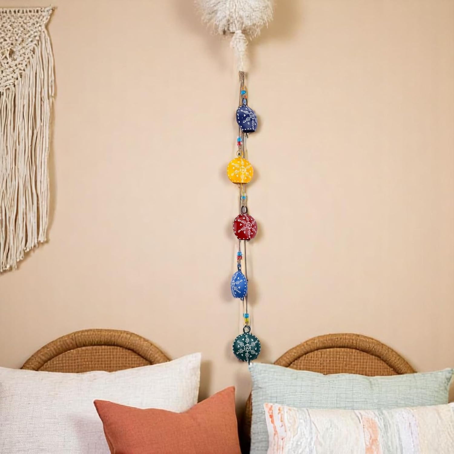 Vivanta 36" Hanging Metal Bells – Hand-Painted Rustic Wind Chime with 5 Large Cowbells on Jute Rope & Glass Beads – Vintage Door Hanging, Fireplace, Garden, Patio, Boho & Christmas Decor (Multi 36")