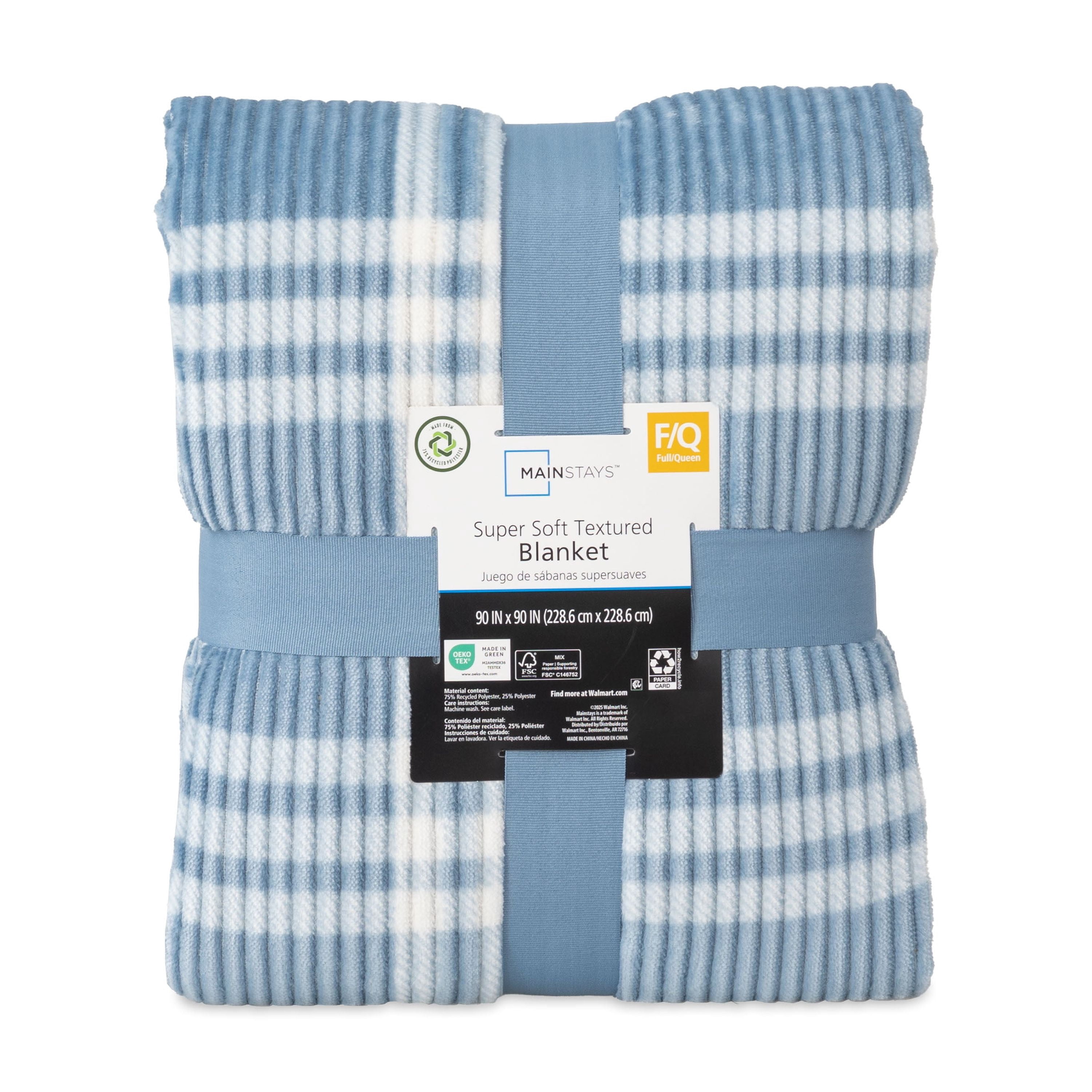 Mainstays Printed Textured Velvet Plush Super Soft Bed Blanket, Full/Queen Size, Blue Corduroy Plaid