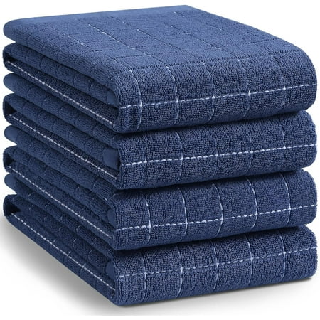 RunMin Grocery Store 100% Cotton Terry Kitchen Towels(Navy Blue, 20 x 28 inches), Checkered Designed, Soft and Super Absorbent Dish Towels, Large 4 Pack