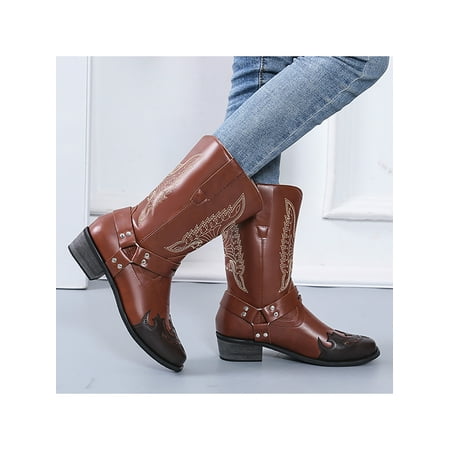 

UKAP Womens Retro Embroidered Western Rodeo Cowboy Boots Mid Wide Calf Low Heel Shoes