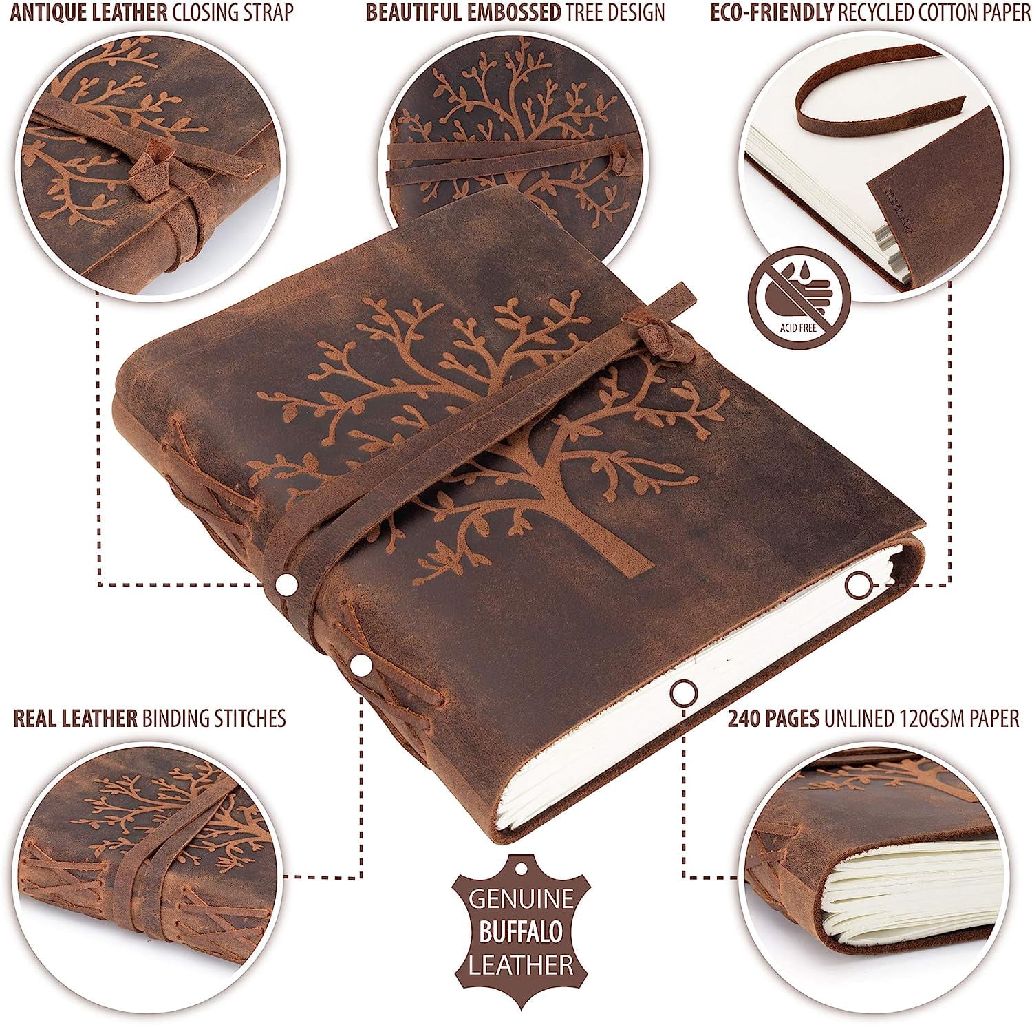 Leather Journal Tree of Life Genuine Leather Notebooks For Women - Beautiful Journal with Embossed Tree - Blank Handmade Paper - Inspirational Birthday Gifts for Women & Gifts for Men