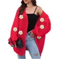 thumbnail image 2 of Female Sweaters Floral V-Neck Long Sleeve Sweater Open Front Knit Buttonless Trendy Sweater Outerwear Big Red One size, 2 of 8