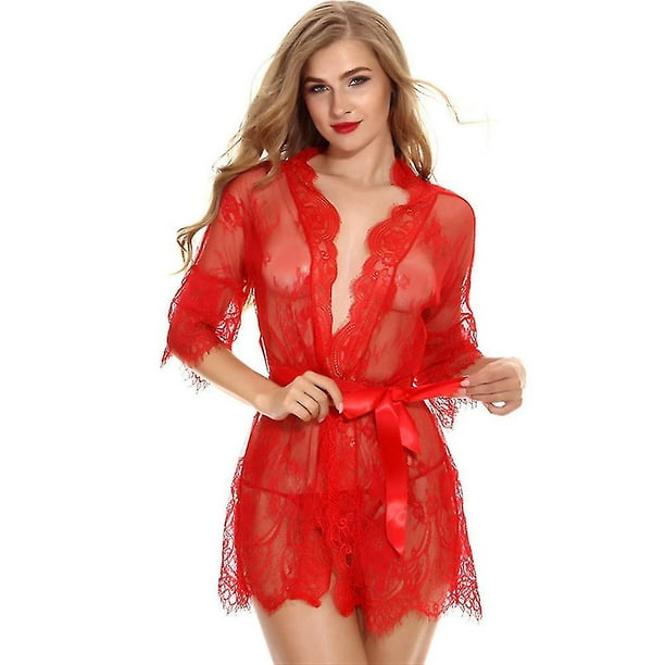 Bata de encaje transparente para mujer, camisón con cinturón y lazo, conjunto de lencería, ropa de dormir