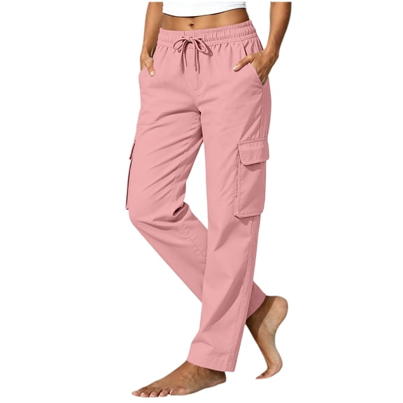 Axiiglly Cargo Pants Women, Elastic Drawstring Waisted Straight Leg Work Pants with Multi Pockets, Casual Daily Outdoor Hiking Pants,Pink S