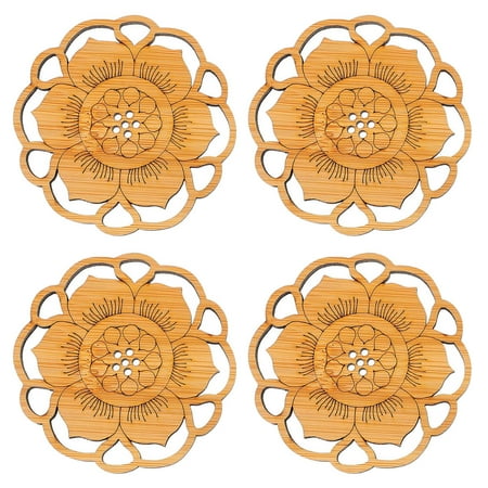 

4Pcs Bamboo Cup Mats Thickened Lotus Shape Cup Pads Exquisite Coasters (Wood Color)