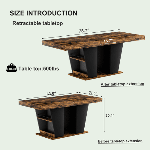 63" to 78.7" Extendable Rustic Dining Table, Mid-Century Modern Wood Kitchen Table with Storage Shelves, Seats 8-10, Rustic Brown & Black