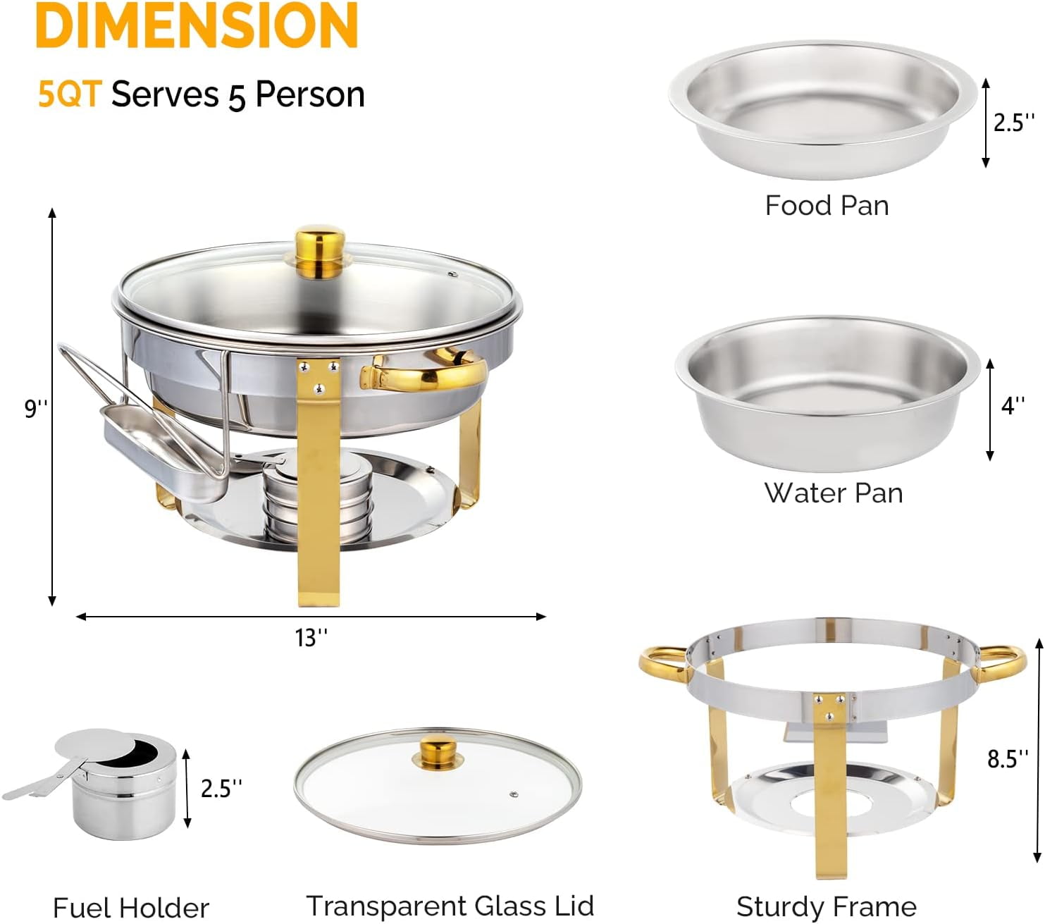 Buffet-Set 4-tlg. Aus Edelstahl, 5QT Pro Pfanne - Mit Deckel, Brennstoffdose, Löffel & Pinzette