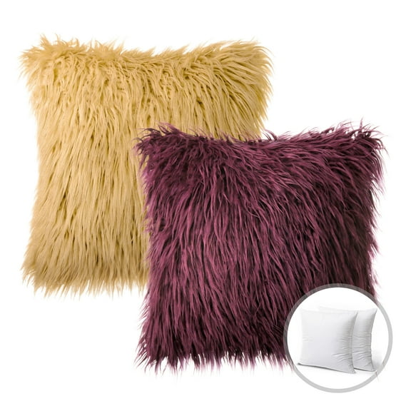 Phantoscope Christmas holiday Decorative Throw Pillow Set, Faux Fur Series Covers with inserts, 18" x 18", Dark Purple and Orange, 2 Pack