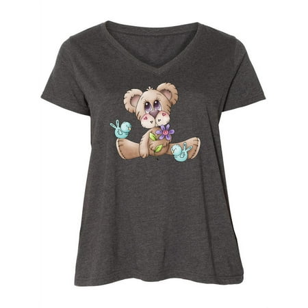 

Inktastic Teddy Bear Bluebirds and Flower Women s Plus Size V-Neck