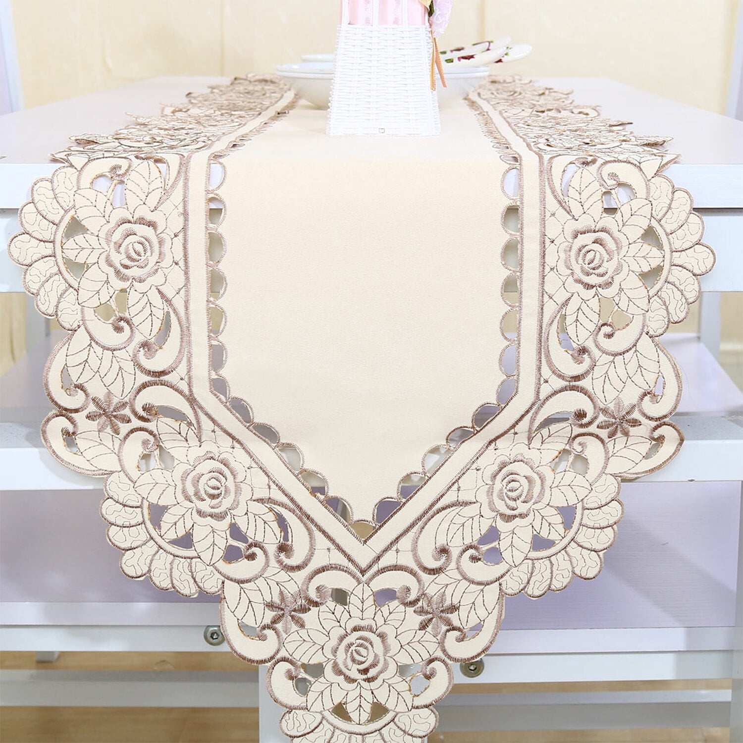 Unique Bargains Vintage Flower Embroidery Tassel Table Runner Light Beige 16"x59"