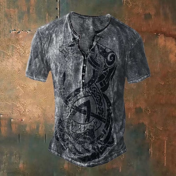 Men T Shirts for Everyday Casual Wear with Norse Mythology Graphic Tee Retro Printed Top for Modern Men