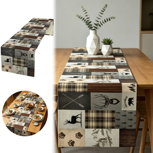 Cabin Deer Bear Cottage Country Farmhouse Style Decorative Table Runner For Kitchen Dining Room Home