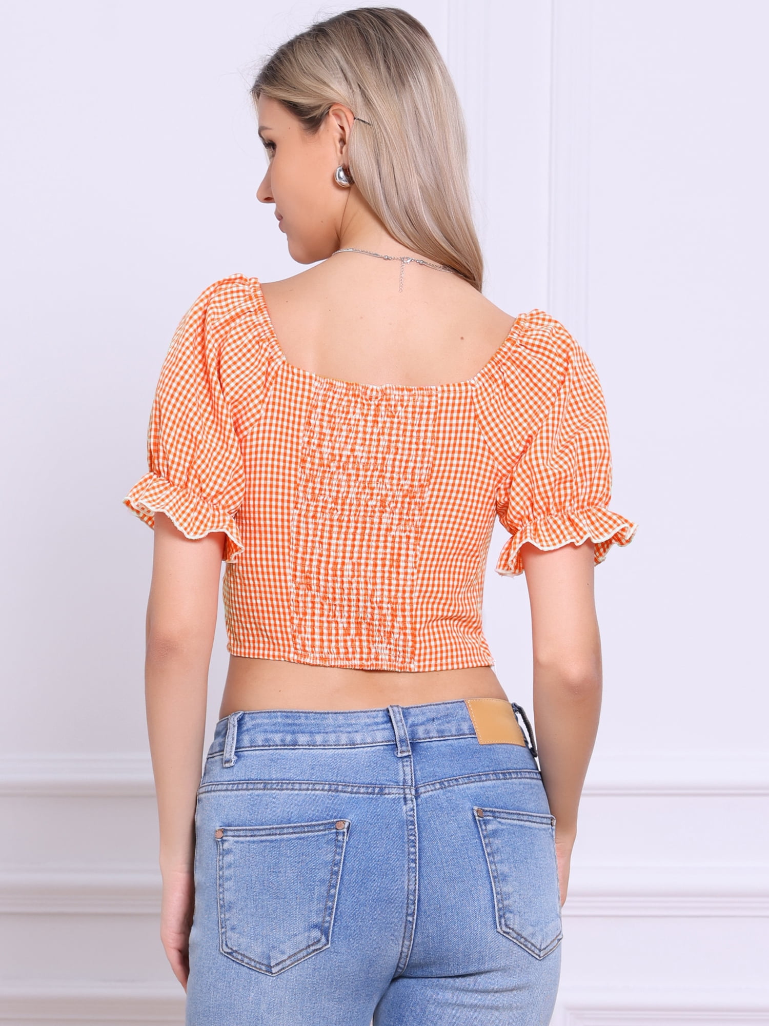 DARING DIVA Women's Smocked Crop Bubble Sleeve Peasant Gingham Tops S Orange