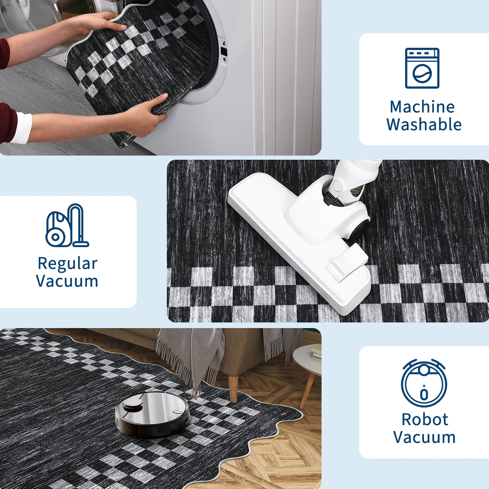 HOMERRY Large Scalloped Border Plaid Non-Shedding Area Rug 9' x 12' for Living Room Washable Indoor Carpet, Gray/Black