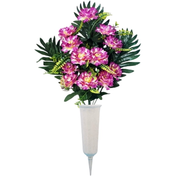 1Pc 21" Cemetery Flowers for Grave, Faux Coral Rose Chrysanthemum Bouquet with 9.8" Stake Vase, Weather Resistant Memorial Floral for Outdoor