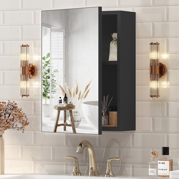 Yamissi Bathroom Cabinet with Mirror, Wall Mount Medicine Cabinet Organizer with Shelf, Aluminum Storage Cabinets for Bathroom, Black