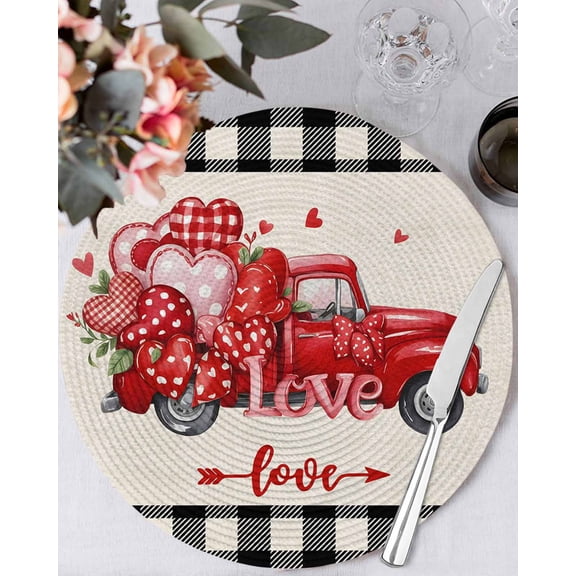 15 Inch Round Placemats Set of 4, Valentine's Day Non Slip Heat Insulation PP Table Mats, Red Loves Truck Romantic Buffalo Plaid Beige Washable Place Mats for Kitchen Dining Party Table Decor