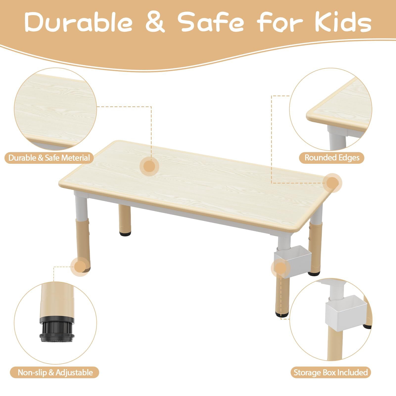 EuKer 7 Pcs Kids Table and Chairs, 47.2" x 23.6" Children Activity Table with Graffiti Desktop and Adjustable Height for Classroom, Daycare, Home, Natural