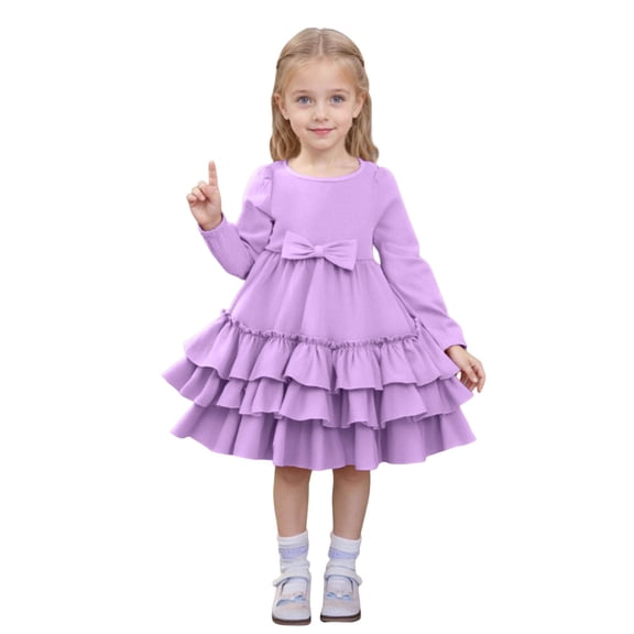 vigerkar Toddler Girl Dress Ruffle Ribbed Knit Long Sleeve Dresses A-Line Swing Fall Winter Bowknot Casual Cake Dress (Purple, 11-12 Years)