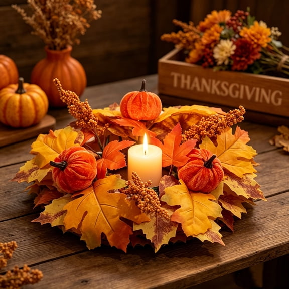 geerera Fall Harvest Candle Ring with Pumpkin & Maple Leaves, Artificial Thanksgiving Wreath for Pillar Candles, Rustic Autumn Tabletop Centerpiece for Home, 11"