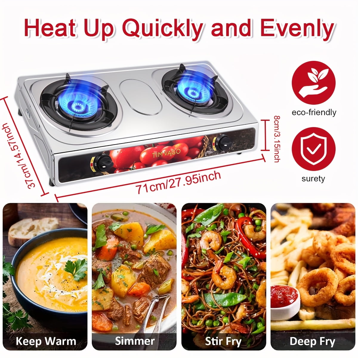 Portable 2 Burner Propane Gas Stove, Stainless Steel Camping Stove with Auto Ignition, Outdoor Cooking Stove with Regulator Hose