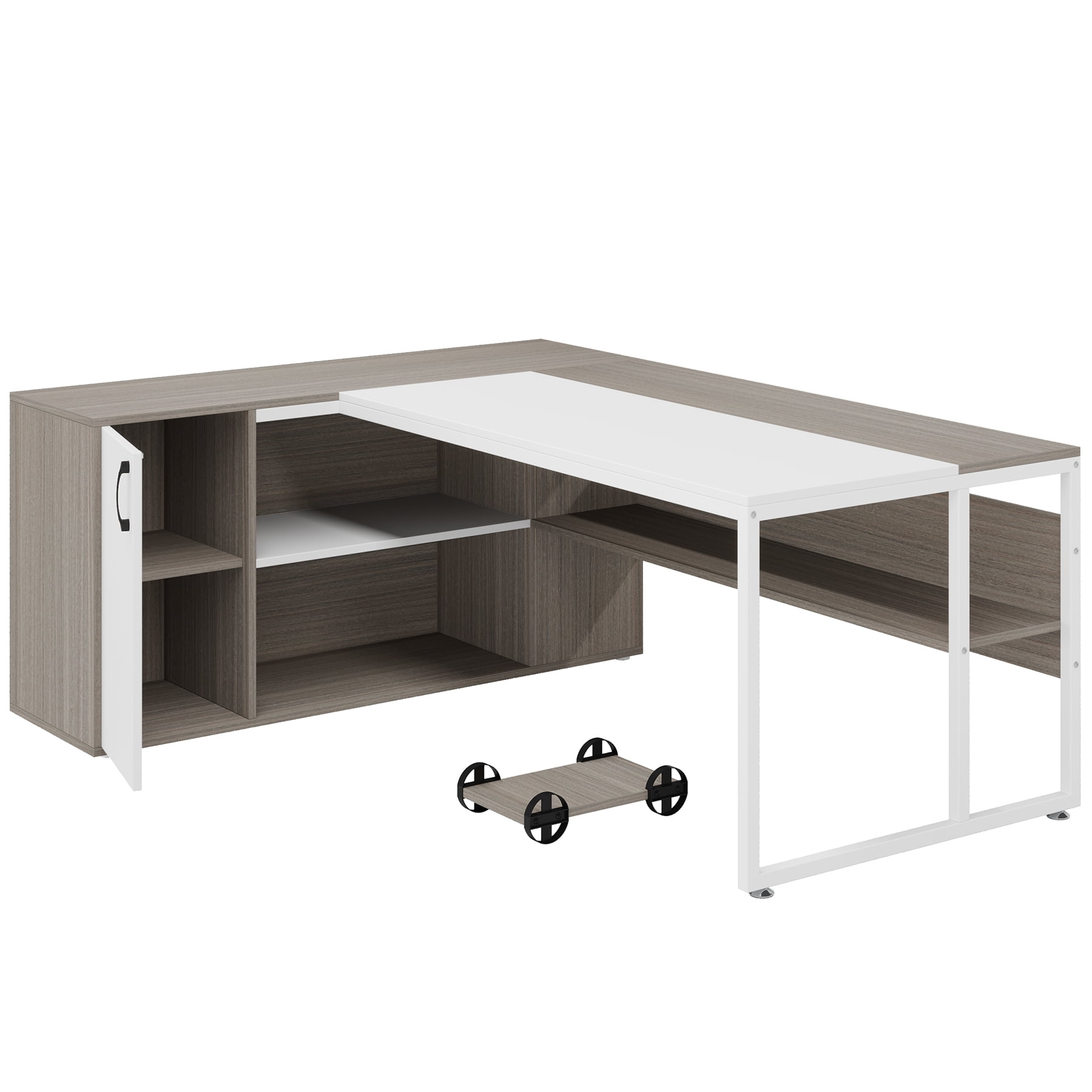 Finmind 71 inch Executive Desk, L Shaped Desk with Cabinet Storage, Executive Office Desk with Shelves, Business Furniture Set Workstation for Home Office, Gray and White