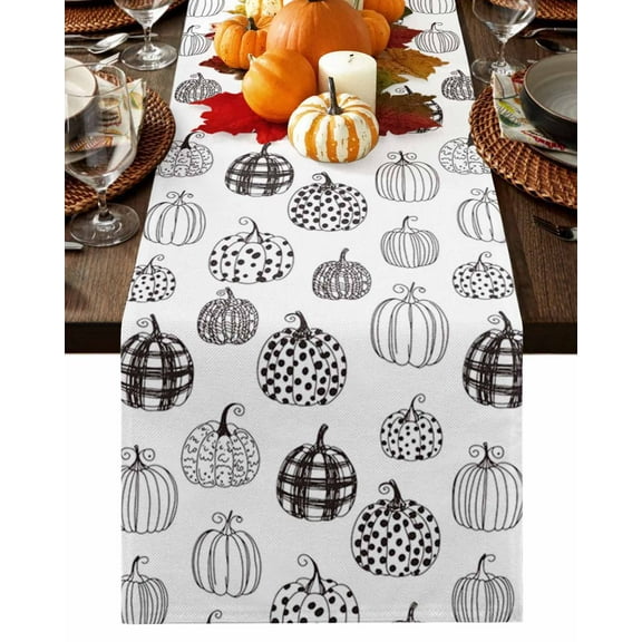 Fall Table Runner Thanksgiving Black White Pumpkin Table Runners Polka Dots Autumn Harvest Cotton Linen Dresser Scarf Kitchen Dining Table Decor for Fall Holiday Party Decor 13x90 Inch