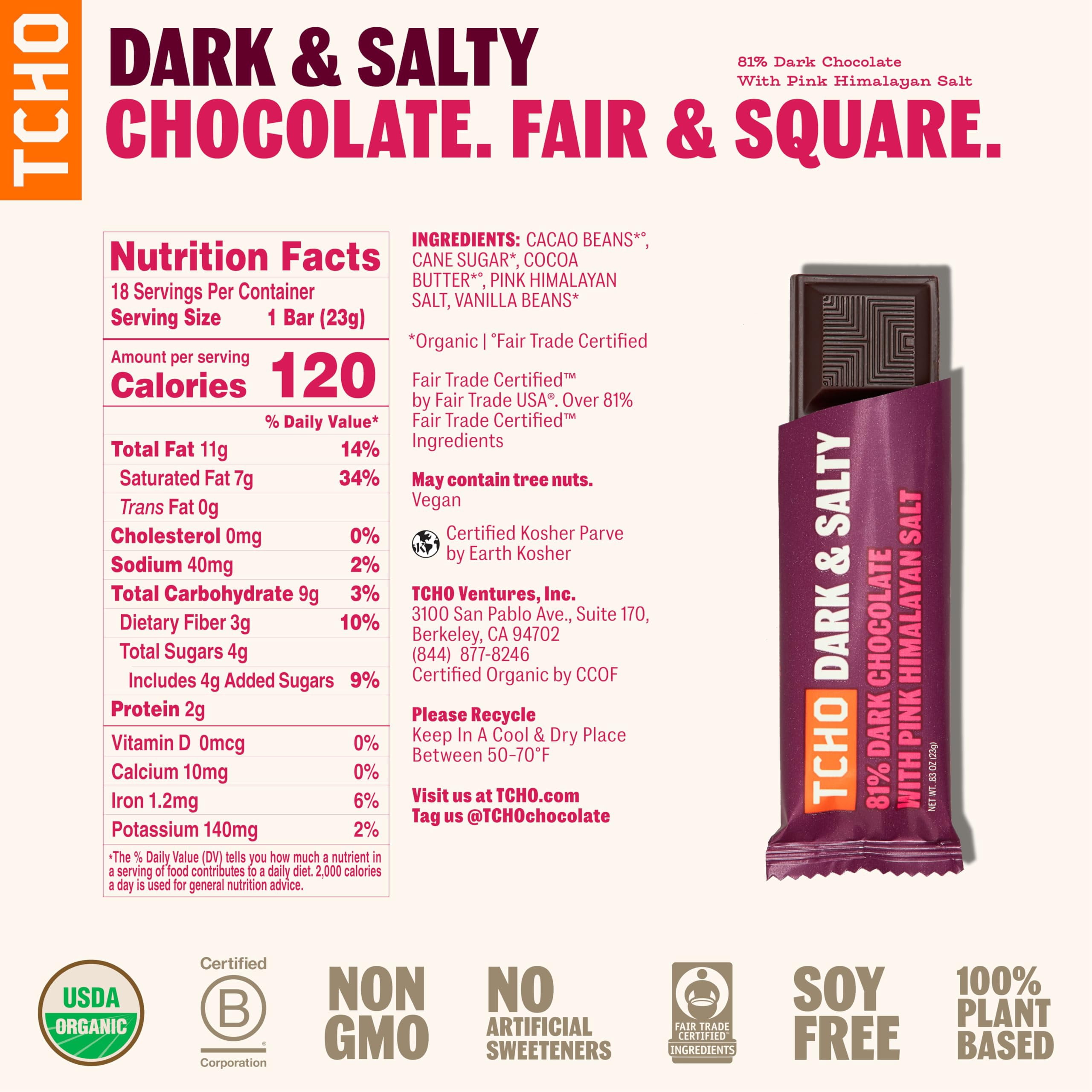TCHO Dark & Salty Chocolate Bars - Organic 81% Dark Chocolate with Pink Himalayan Salt - Individually Wrapped 100% Plant-Based Pure Cacao Bars for Guilt-Free Indulgence (18-Pack)