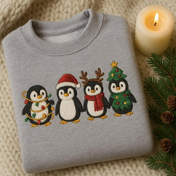 Embroidered Penguin Christmas Sweatshirt, Festive Penguin Crewneck, Cute Holiday Bird Sweater, Xmas Gift for Animal Lover