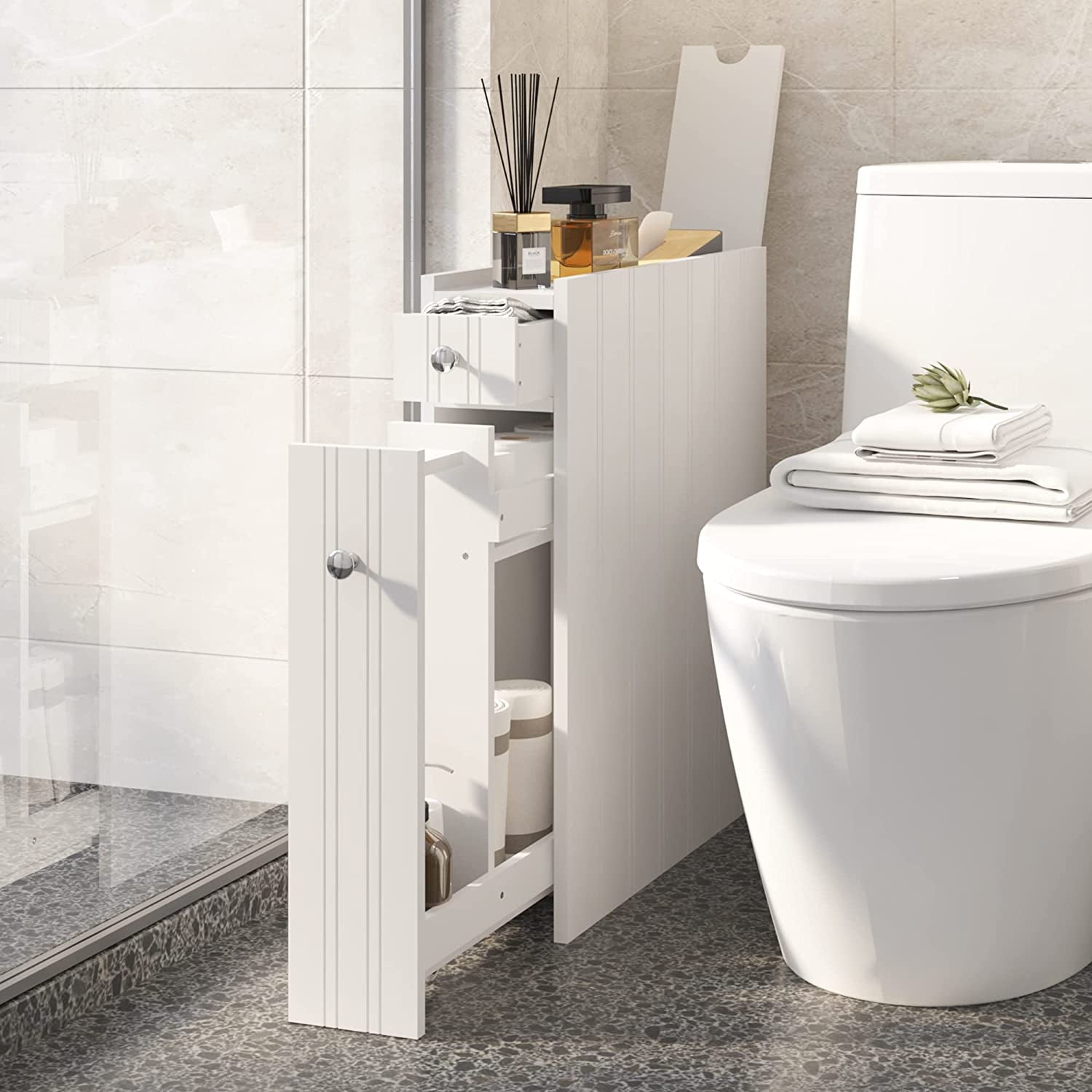 New Movable Bath Toilet Cabinets Drawers Free-Standing Toilet Paper Holder White 