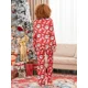 thumbnail image 2 of Conjunto de pijama navideño para mujer con estampado de copos de nieve, muñeco de nieve y Papá Noel, solapa con botones, blusa de manga larga, pantalones largos, ropa de estar por casa, 2 of 5