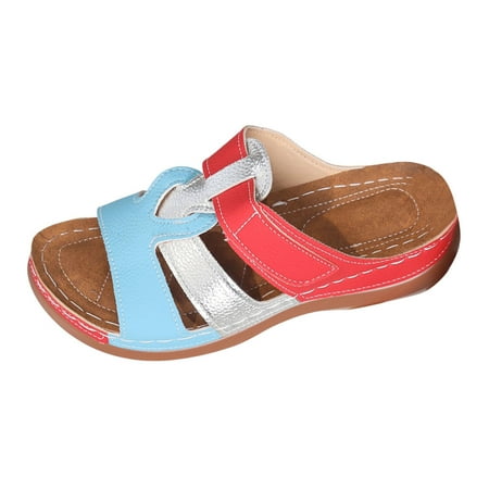

PEASKJP Sandals Women Dressy Summer Women’s Flat Sandals Open Toe Elastic Ankle Strap Slip on Comfy Low Wedge Sandals (Blue 9)