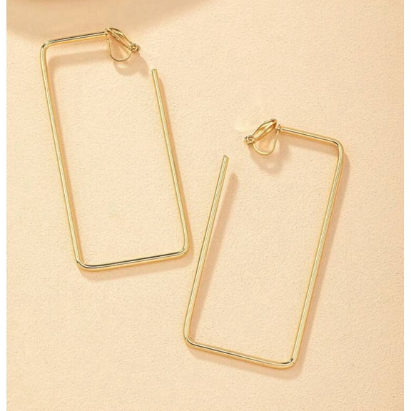Clip on 3" long gold wide long square earrings