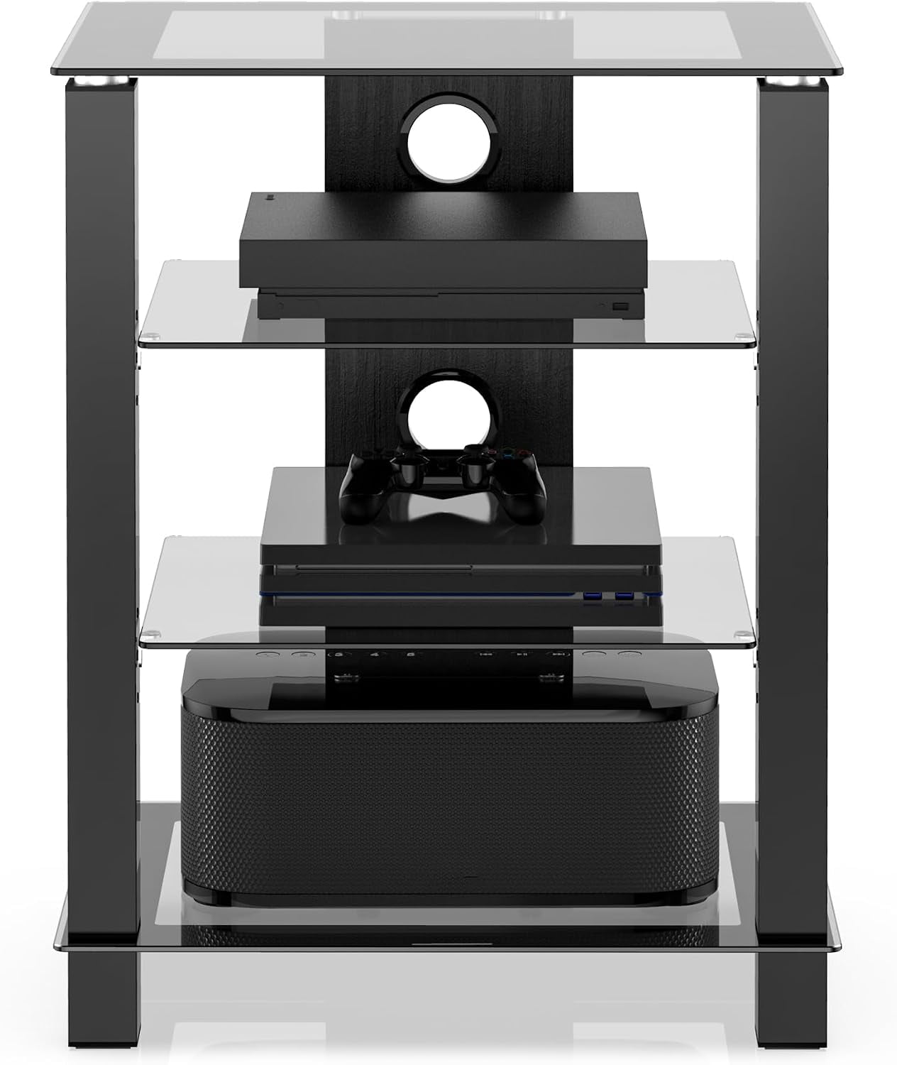 FITUEYES 4-Tier AV Media Cabinet with Tempered Glass Shelves, Black