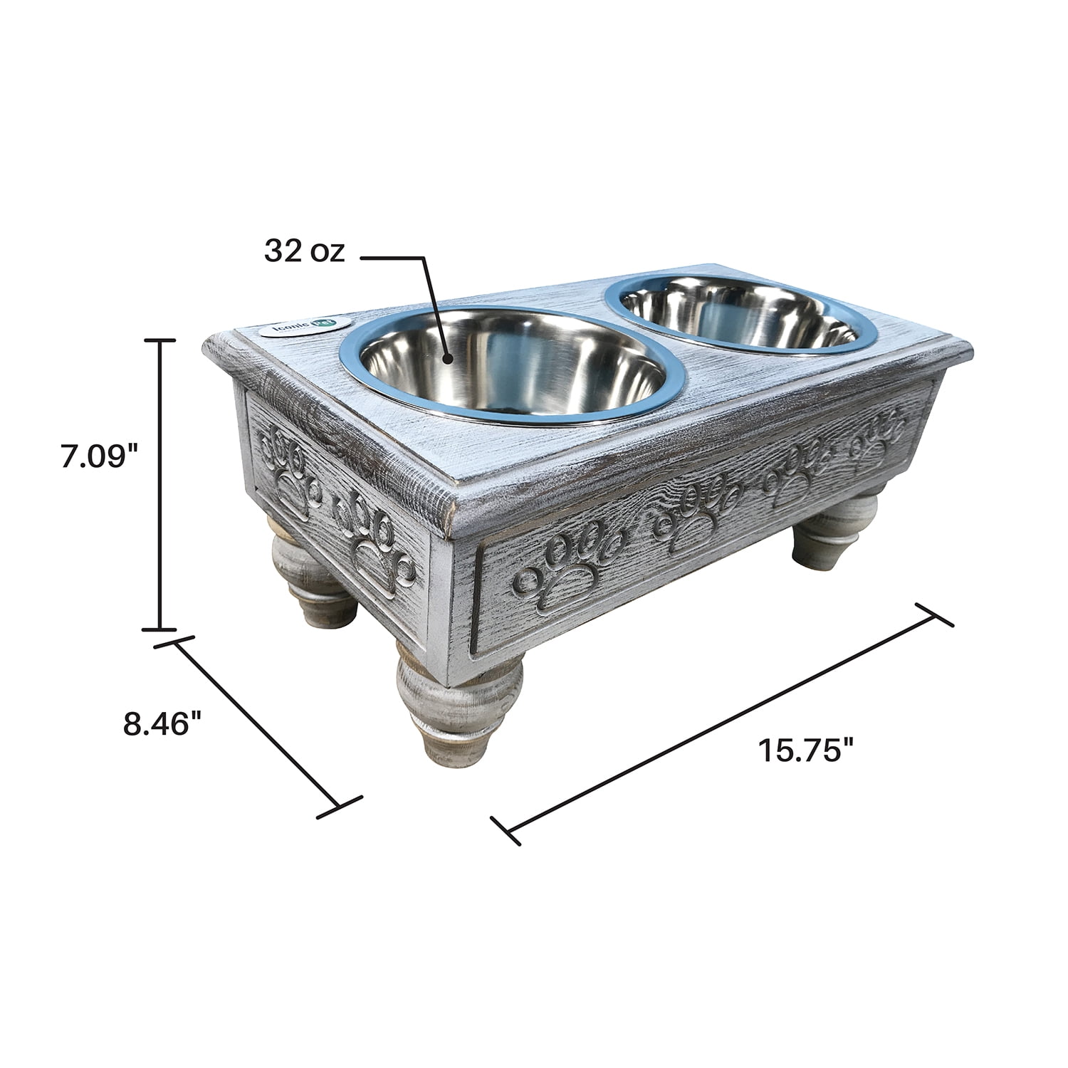 Iconic Pet Raised Wooden Pet Double Diner with Stainless Steel Bowls - Antique Gray - Medium