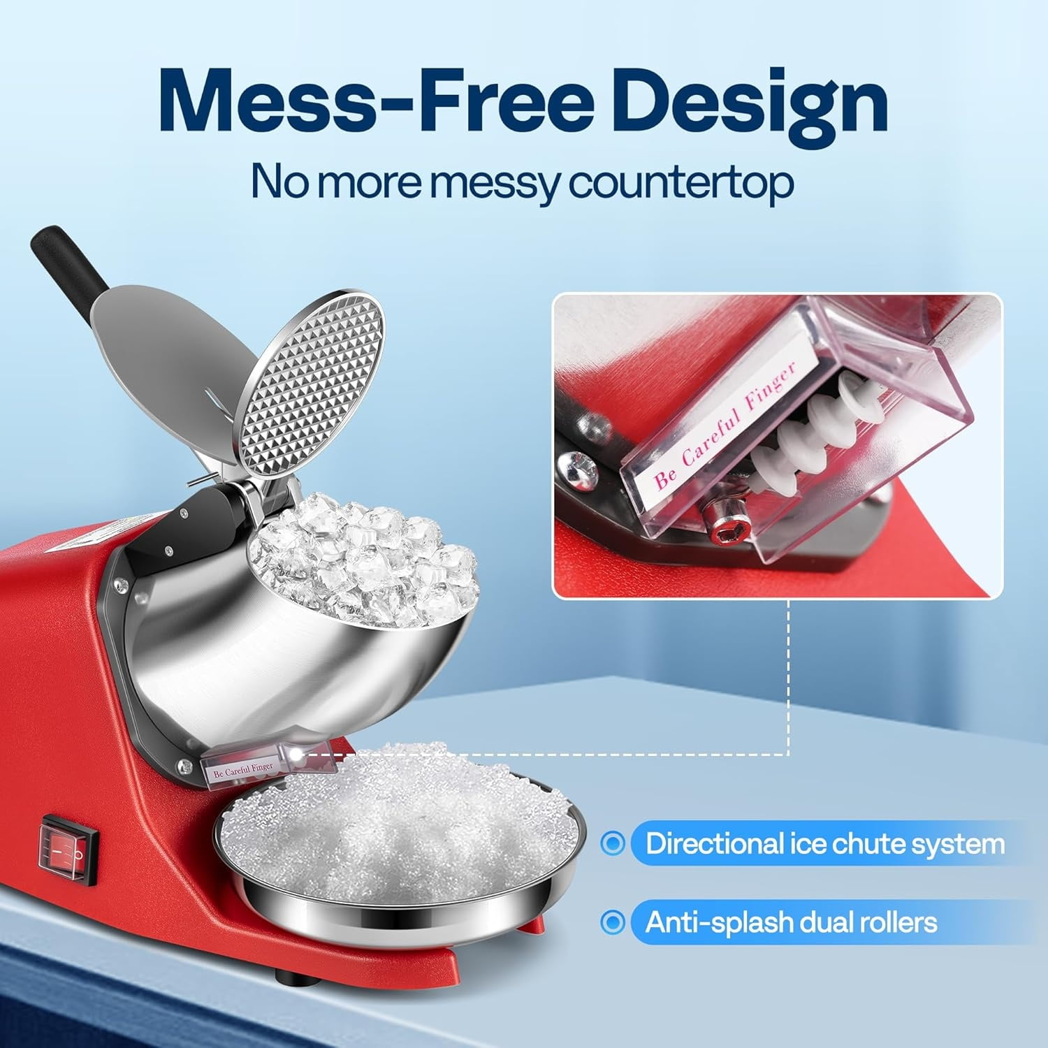 Electric Ice Shaver Crusher Machine Snow Cone Maker Red 143lbs/hr with Ice Pick for Home and Commercial Use