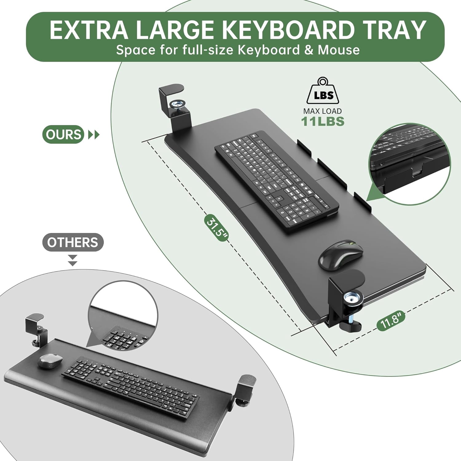 Extra Large Keyboard Tray Under Desk - Slide Out with Sturdy C-Clip Mount System, 31.5" (35.8" Including Clamps) x 11.8" Put-Out Keyboard Tray Computer Drawer for Ergonomic Typing
