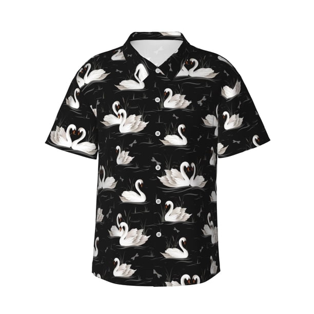Fotbe Swan And Dragonflies Camisa Hawaiana para Hombre Unisex – Camisa Casual de Verano con Botones de Manga Corta de Algodón y Lino,Large