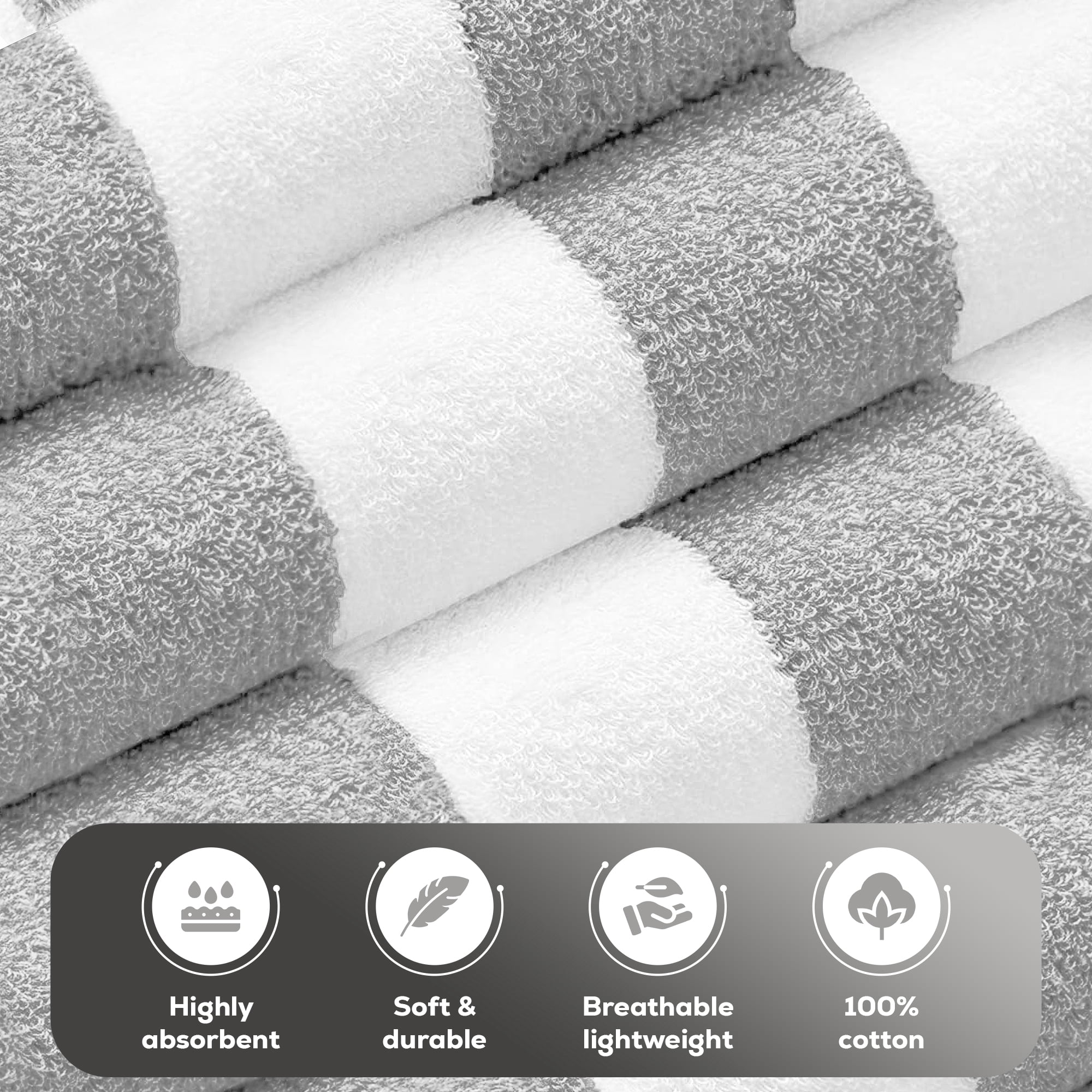 Bliss Casa 100% Cotton Beach Towels (4 Pack, 30 x 60 Inch) - Extra Soft & Highly Absorbent Summer Pool Towel Oversized Cabana Stripe (Grey)