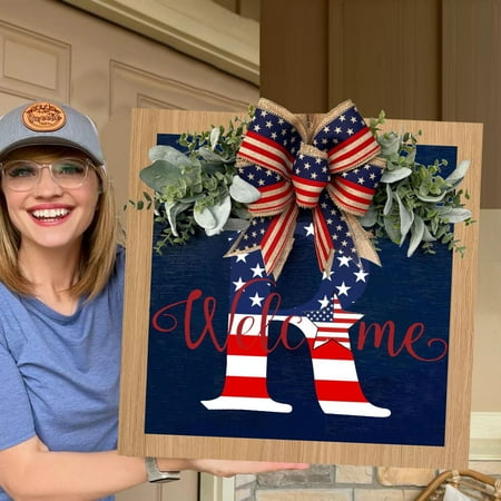 

Independence Day 4th of July Wreaths for Front Door Wood Artificial Christmas Decor 2024 Patriotic Wreath Hand Crafted Memorial Sign Hanger Welcome Decor Outdoor（three Dimension）