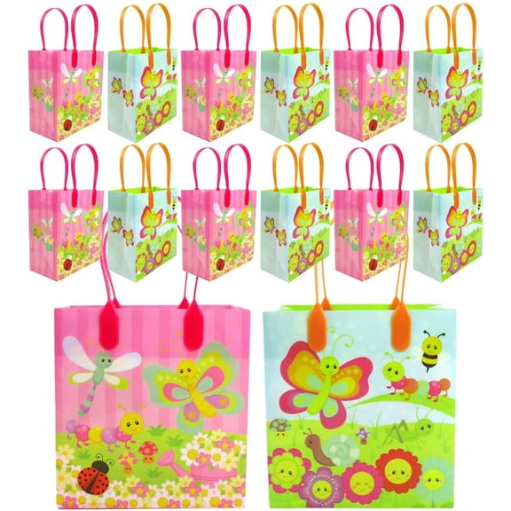 TINYMILLS Spring Party Favor Bags with Butterfly Flower Garden Design, 12 Pack for Birthdays and Easter