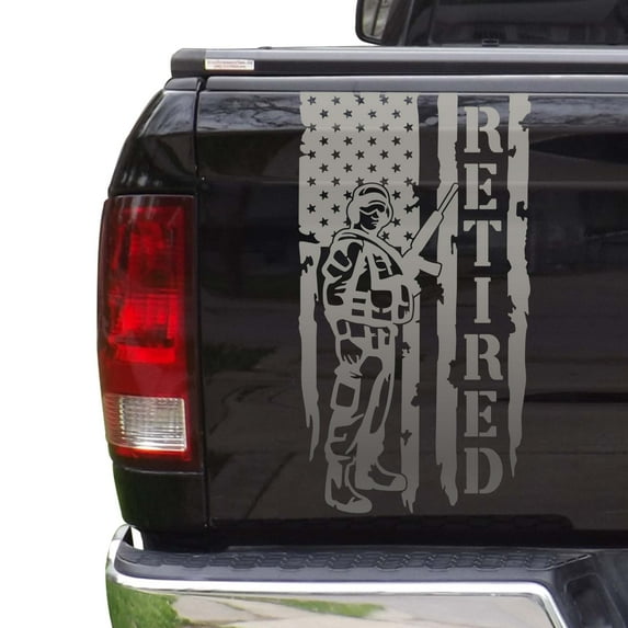 Retired Soldier Enlisted Man Veteran U.S. Army USAF USMC Distressed American US USA Flag Truck Tailgate Vinyl Decal fits Most Pickup Trucks Military Sticker (11"x20", Silver Gray (Metallic))