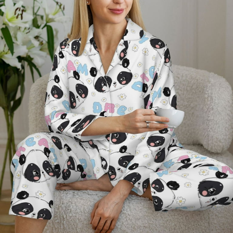 Saiise Panda Bear1 Print Women Soft Pajama Sets,Long Sleeve