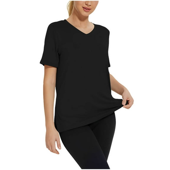 Njagoc3 V-Neck Solid Short Sleeve T-Shirt Summer New Loose Slim Fit Breathable Cotton Top for Womens
