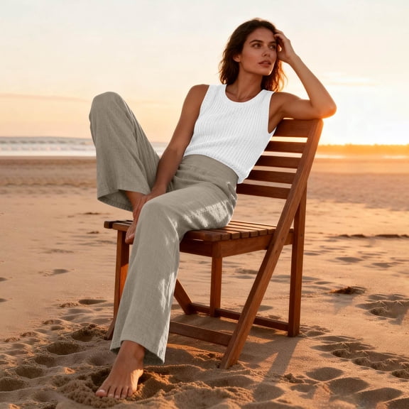 Womens Linen Pants Summer Wide Leg High Waist Straight Casual Lounge Yoga Pant 2026 Travel Beach Vacation Trousers Brown L