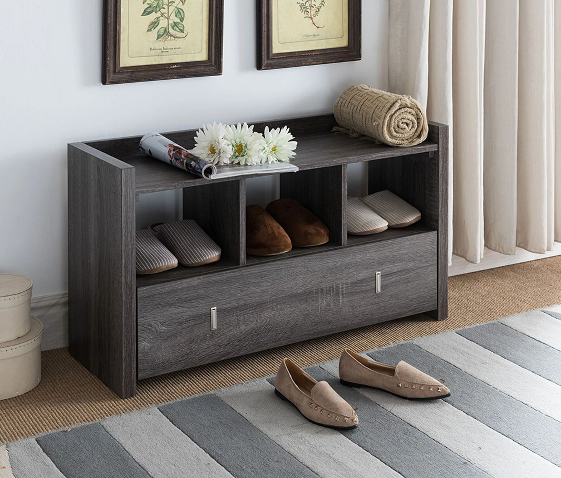 FC Design 3 Pair Shoe Storage Cubby Bench with Bottom Drawers in