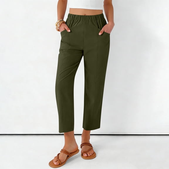 Women's Elastic Waist Cropped Pants Dress Casual Tapered Capris Pants Summer Beach Vacation Trousers with Pockets Green L