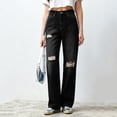 thumbnail image 4 of Women's Jeans Straight Leg Plus Size Ripped Solid Color Denim Pocket Loose Trousers, 4 of 5