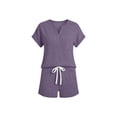 thumbnail image 5 of Mifsaly Summer Short Sets for Women 2 Piece Summer Casual Matching Outfits Henley Short Sleeve Button Down Top and Drawstring Shorts with Pockets Purple,M, 5 of 8