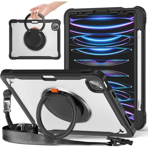Case For iPad Air 13 inch 2026 M4 2025 M3 2024 M2, iPad Pro 12.9 inch 2022 6th 2021 5th 2020 4th 2018 Shockproof Cover with Pencil Holder, Rotatable Stand, Shoulder Strap
